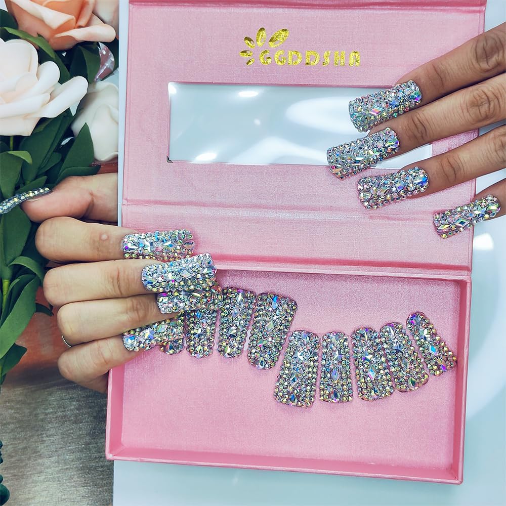 GGddsha Full Diamond Duck Nails Medium Square ReusablePMMA Acrylic Nails Handmade Full Coverage Deluxe 3DCrystal Fake Nail With Box Gift For Women,Aurora Edge